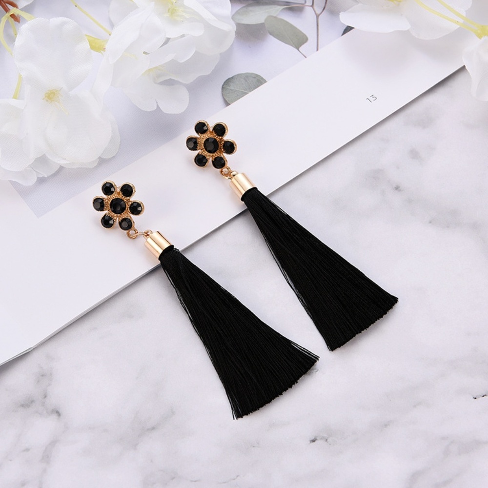 SABRINA | Floral Tassel Fringe Drop Earrings - Picture 2 of 5
